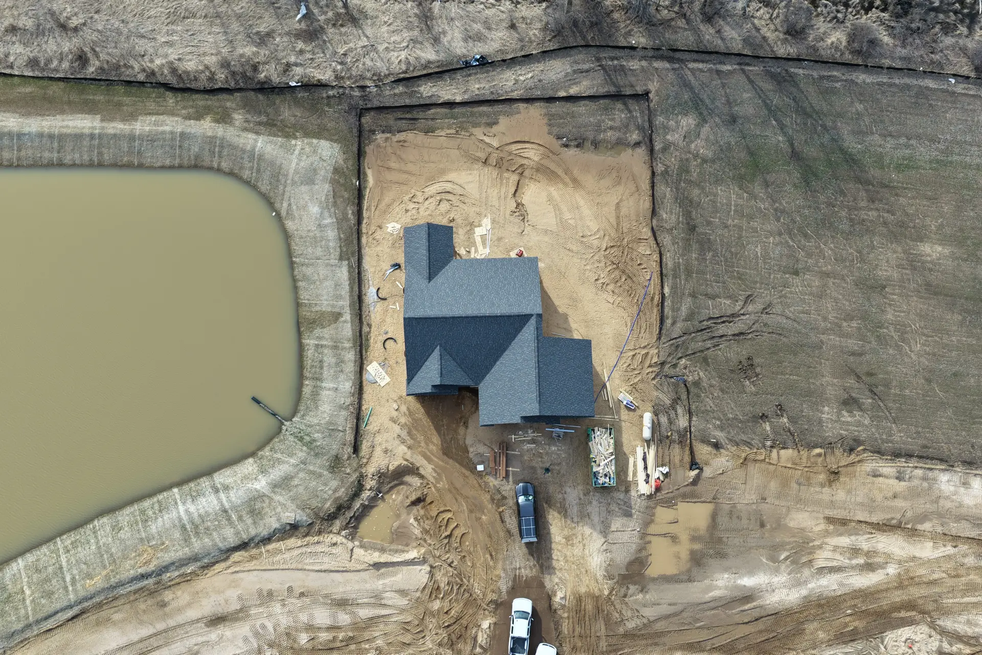Aerial view of new property construction site by Bergeron Builders